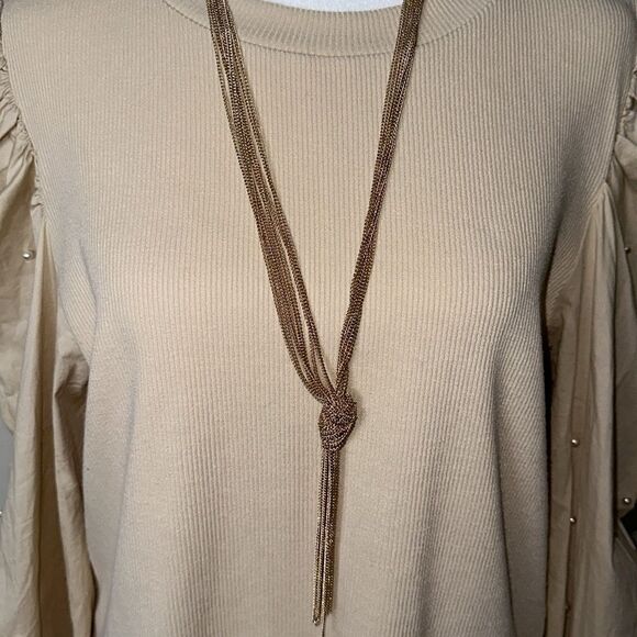 Gold Tone Multi Strand Chain Knot Tie Necklace - Picture 6 of 6